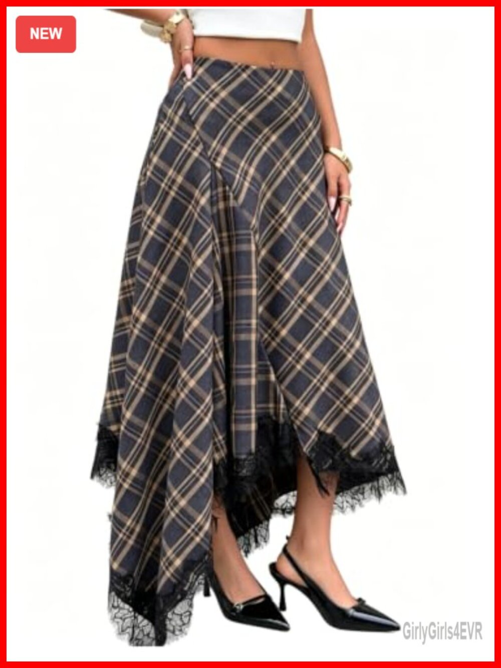 Plaid High Waist Asymmetrical Lace Trim Flowy Long Maxi Skirt